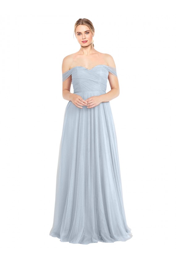 Bleu ciel clair Trapèze Épaule Dénudée Tulle Longue Robes demoiselle d'honneur Pas Cher