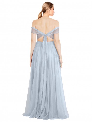 Bleu ciel clair Trapèze Épaule Dénudée Tulle Longue Robes demoiselle d'honneur