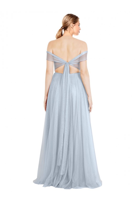 Bleu ciel clair Trapèze Épaule Dénudée Tulle Longue Robes demoiselle d'honneur Pas Cher
