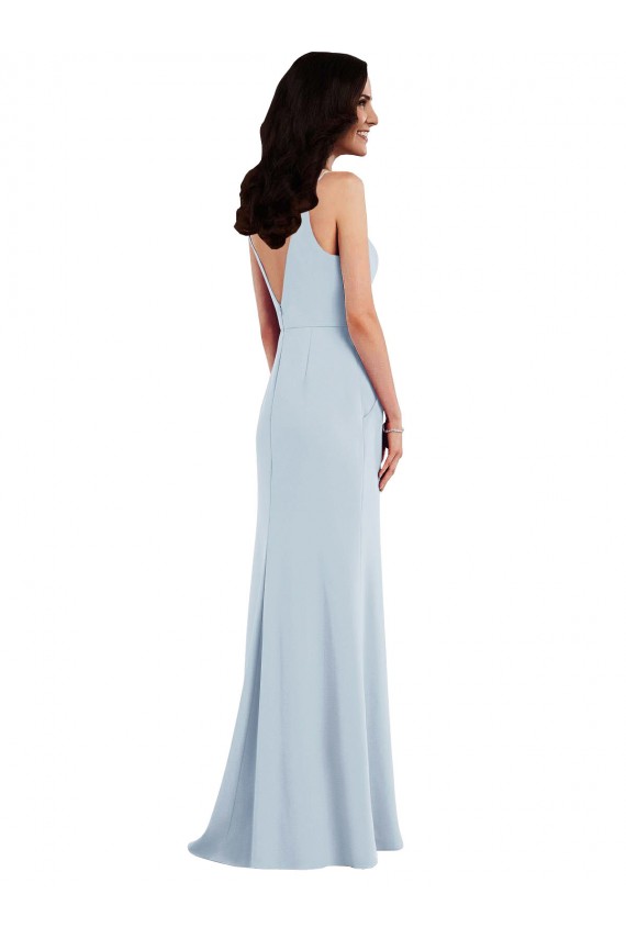 Bleu ciel clair Trompette Bretelles spaghetti Col V Crêpe Stretch Longue Robes demoiselle d'honneur / Robes de bal Pas Cher