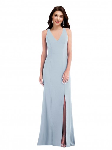 Bleu ciel clair Trompette Col V Crêpe Stretch Longue Robes demoiselle d'honneur / Robes de bal Pas Cher