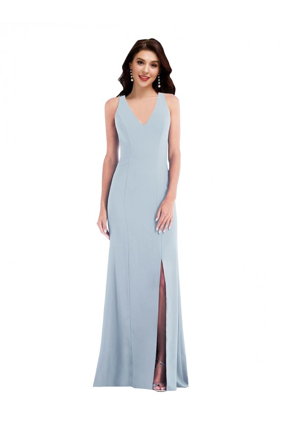 Bleu ciel clair Trompette Col V Crêpe Stretch Longue Robes demoiselle d'honneur / Robes de bal Pas Cher