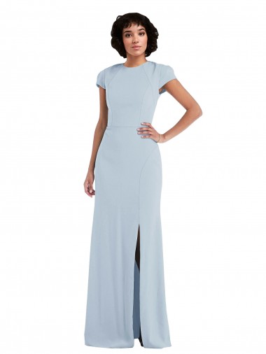 Bleu ciel clair Trompette Col bijou Crêpe Stretch Longue Robes demoiselle d'honneur Pas Cher