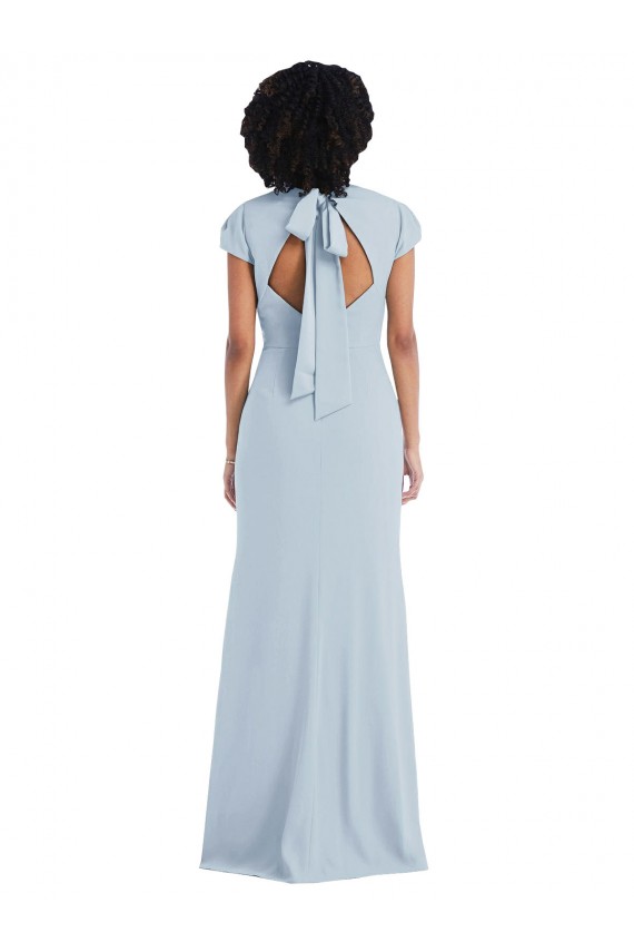 Bleu ciel clair Trompette Col bijou Crêpe Stretch Longue Robes demoiselle d'honneur Pas Cher
