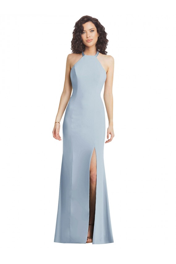 Bleu ciel clair Trompette Licou Col Haut Crêpe Stretch Longue Formelles Robes demoiselle d'honneur / Robes de soirée / Robes de bal Pas Cher