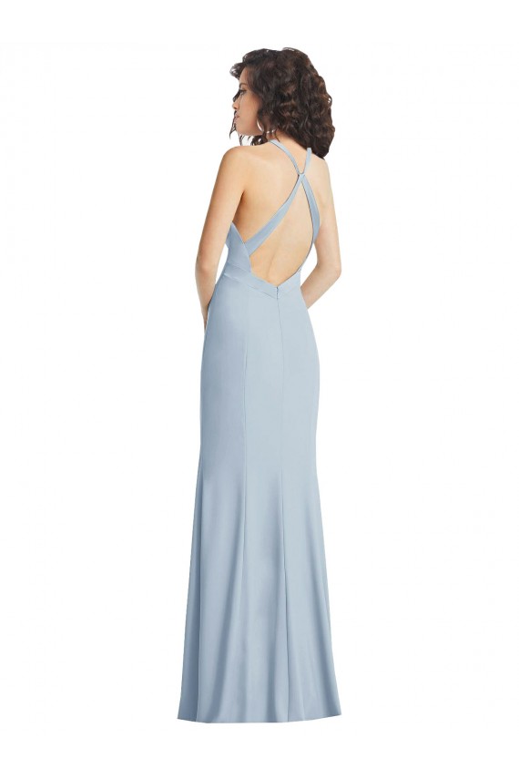 Bleu ciel clair Trompette Licou Col Haut Crêpe Stretch Longue Formelles Robes demoiselle d'honneur / Robes de soirée / Robes de bal Pas Cher