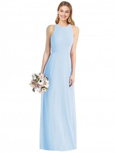 Bleu ciel clair Trompette Licou Mousseline Longue Robes demoiselle d'honneur Pas Cher