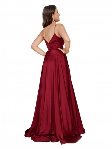 Bleu français Trapèze Bretelles spaghetti Satiné Soyeux Longue Formelles Robes demoiselle d'honneur / Robes de soirée / Robes de bal