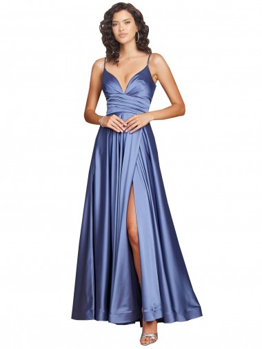Bleu français Trapèze Bretelles spaghetti Satiné Soyeux Longue Formelles Robes demoiselle d'honneur / Robes de soirée / Robes de bal Pas Cher