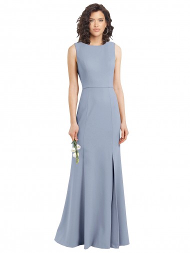 Bleu fumée Fourreau Col Bateau Col Haut Crêpe Stretch Longue Robes demoiselle d'honneur Pas Cher