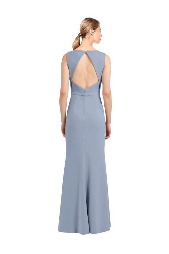 Bleu fumée Fourreau Col Bateau Col Haut Crêpe Stretch Longue Robes demoiselle d'honneur Pas Cher
