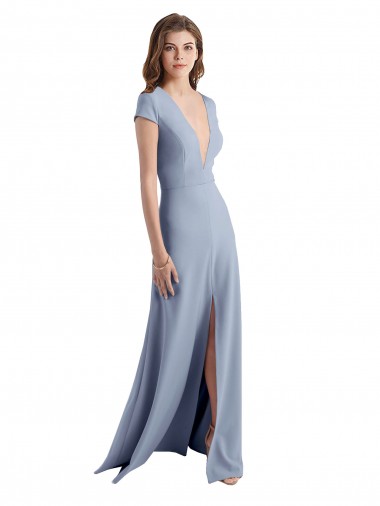 Bleu fumée Fourreau Col V Crêpe Stretch Longue Robes demoiselle d'honneur / Robes de bal Pas Cher
