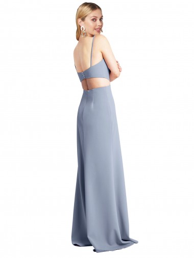 Bleu fumée Trapèze Bretelles spaghetti Scoop Crêpe Stretch Longue Robes demoiselle d'honneur / Robes de bal
