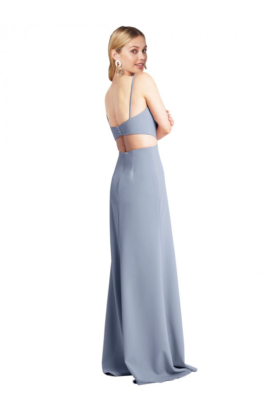 Bleu fumée Trapèze Bretelles spaghetti Scoop Crêpe Stretch Longue Robes demoiselle d'honneur / Robes de bal Pas Cher