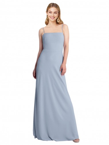 Bleu fumée Trapèze Col Carré Crêpe Stretch Longue Robes demoiselle d'honneur / Robes de bal Pas Cher