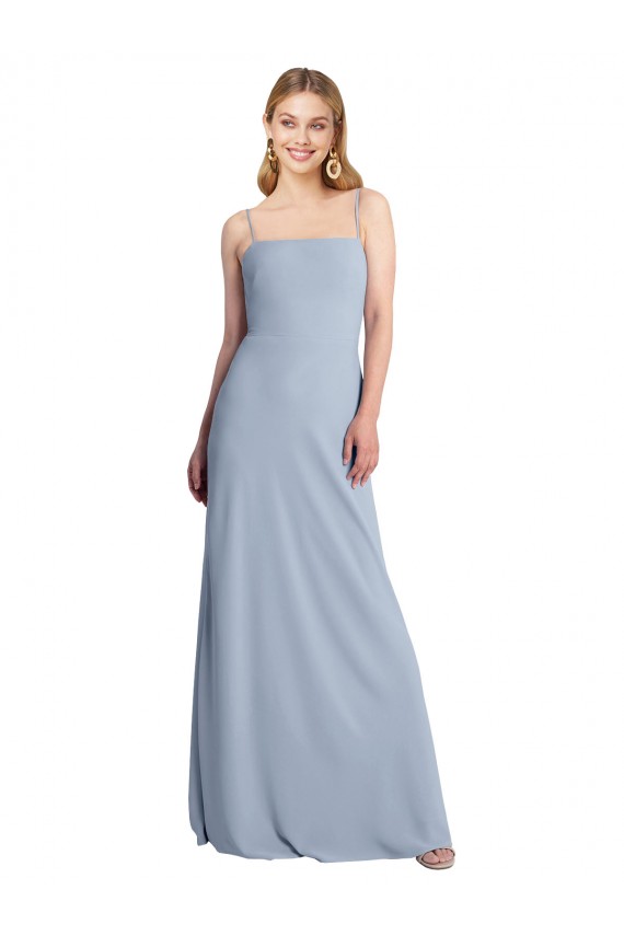 Bleu fumée Trapèze Col Carré Crêpe Stretch Longue Robes demoiselle d'honneur / Robes de bal Pas Cher