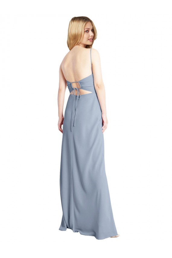 Bleu fumée Trapèze Col Carré Crêpe Stretch Longue Robes demoiselle d'honneur / Robes de bal Pas Cher