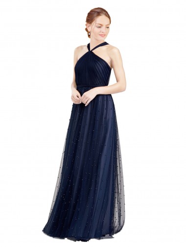 Bleu marine 21 Trapèze Licou Tulle Longue Robes demoiselle d'honneur Pas Cher