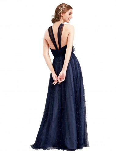 Bleu marine 21 Trapèze Licou Tulle Longue Robes demoiselle d'honneur