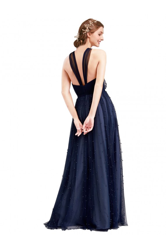 Bleu marine 21 Trapèze Licou Tulle Longue Robes demoiselle d'honneur Pas Cher