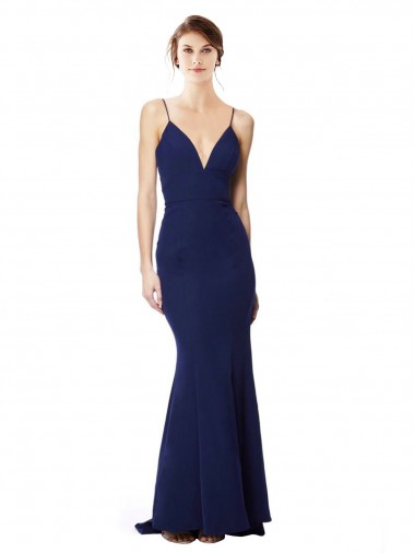 Bleu marine Sirène Bretelles spaghetti Col V Crêpe Stretch Longue Formelles Robes demoiselle d'honneur / Robes de soirée / Robes de bal Pas Cher