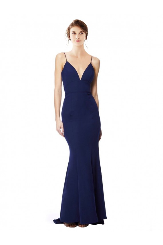Bleu marine Sirène Bretelles spaghetti Col V Crêpe Stretch Longue Formelles Robes demoiselle d'honneur / Robes de soirée / Robes de bal Pas Cher