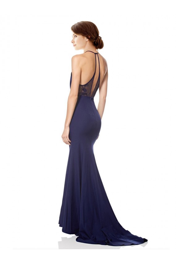 Bleu marine Sirène Licou Col Haut Crêpe Stretch Longue Formelles Robes demoiselle d'honneur / Robes de soirée / Robes de bal Pas Cher