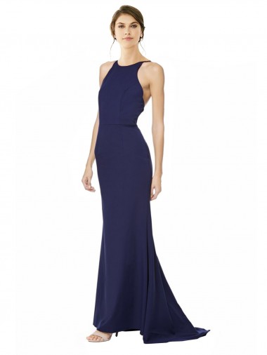 Bleu marine Sirène Licou Col Haut Crêpe Stretch Longue Formelles Robes demoiselle d'honneur / Robes de soirée / Robes de bal Pas Cher