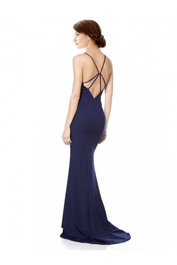 Bleu marine Sirène Licou Col Haut Crêpe Stretch Longue Formelles Robes demoiselle d'honneur / Robes de soirée / Robes de bal Pas Cher