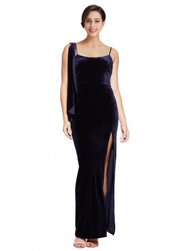 Bleu marine foncé Fourreau Bretelles spaghetti Col Carré Velours Stretch Longue Formelles Robes demoiselle d'honneur / Robes de soirée / Robes de bal Pas Cher