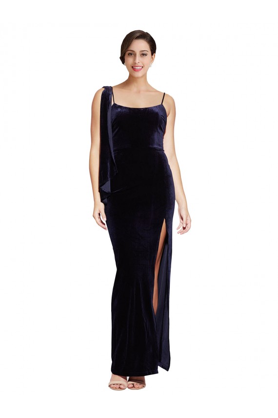 Bleu marine foncé Fourreau Bretelles spaghetti Col Carré Velours Stretch Longue Formelles Robes demoiselle d'honneur / Robes de soirée / Robes de bal Pas Cher