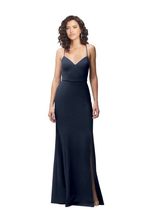 Bleu marine foncé Fourreau Bretelles spaghetti Crêpe Stretch Longue Formelles Robes demoiselle d'honneur / Robes de soirée / Robes de bal Pas Cher