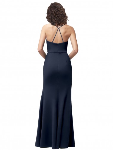 Bleu marine foncé Fourreau Bretelles spaghetti Crêpe Stretch Longue Formelles Robes demoiselle d'honneur / Robes de soirée / Robes de bal