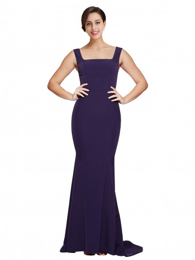 Bleu marine foncé Fourreau Col Carré Balayage train Crêpe Stretch Longue Robes demoiselle d'honneur / Robes de bal Pas Cher