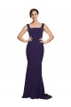 Bleu marine foncé Fourreau Col Carré Balayage train Crêpe Stretch Longue Robes demoiselle d'honneur / Robes de bal Pas Cher