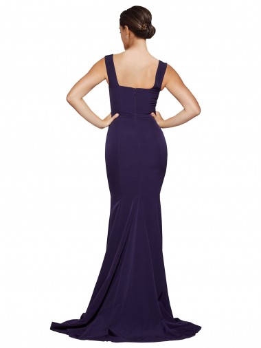 Bleu marine foncé Fourreau Col Carré Balayage train Crêpe Stretch Longue Robes demoiselle d'honneur / Robes de bal