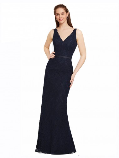 Bleu marine foncé Fourreau Col V Dentelle Longue Robes demoiselle d'honneur Pas Cher