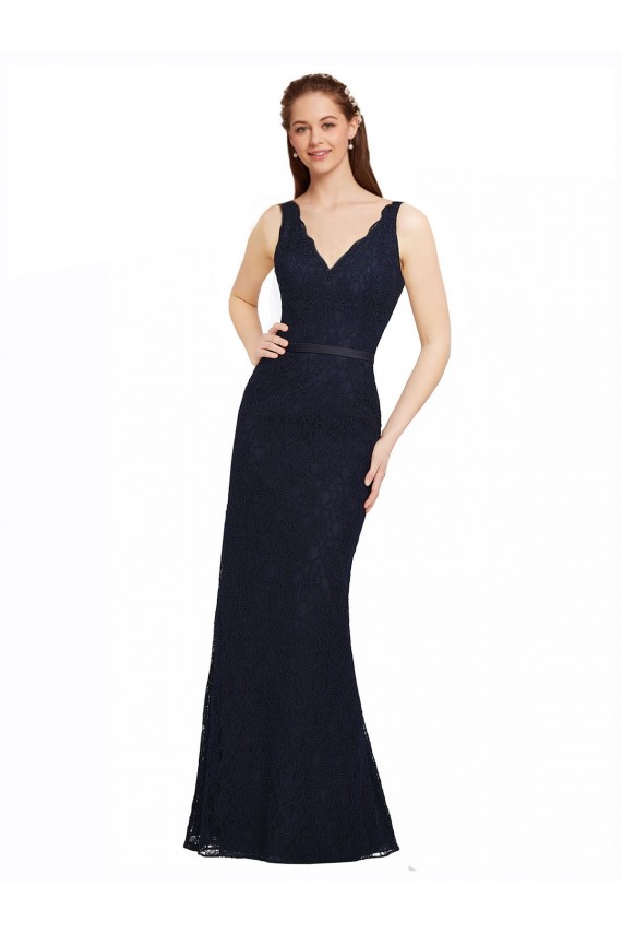 Bleu marine foncé Fourreau Col V Dentelle Longue Robes demoiselle d'honneur Pas Cher