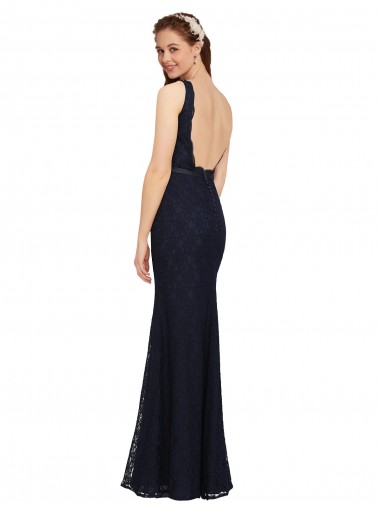 Bleu marine foncé Fourreau Col V Dentelle Longue Robes demoiselle d'honneur