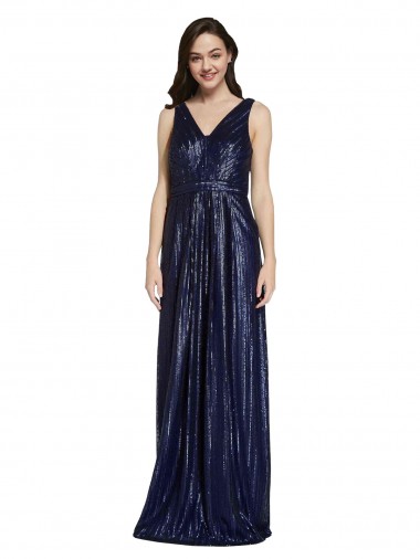 Bleu marine foncé Fourreau Col V Paillette Longue Formelles Robes demoiselle d'honneur / Robes de soirée / Robes de bal Pas Cher