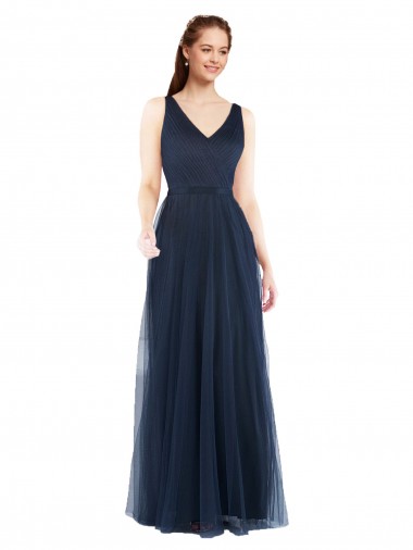 Bleu marine foncé Fourreau Col V Tulle Longue Robes demoiselle d'honneur Pas Cher