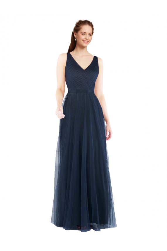 Bleu marine foncé Fourreau Col V Tulle Longue Robes demoiselle d'honneur Pas Cher