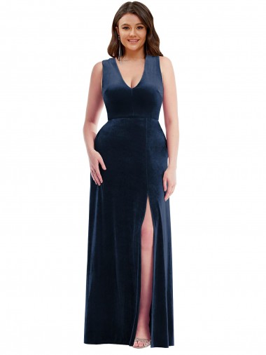 Bleu marine foncé Fourreau Col V Velours Stretch Longue Formelles Robes demoiselle d'honneur / Robes de soirée / Robes de bal Pas Cher