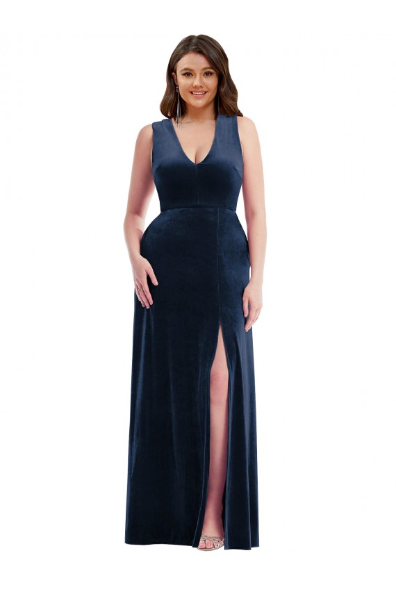 Bleu marine foncé Fourreau Col V Velours Stretch Longue Formelles Robes demoiselle d'honneur / Robes de soirée / Robes de bal Pas Cher