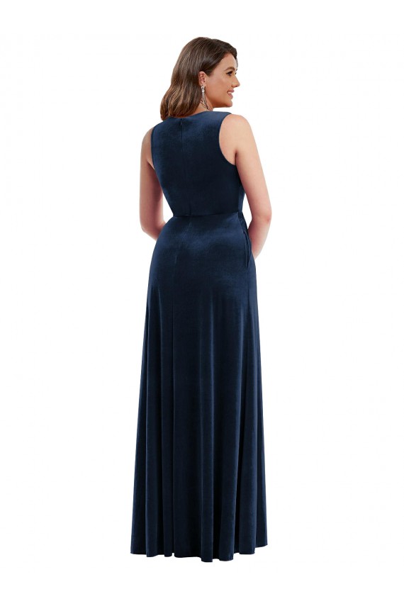 Bleu marine foncé Fourreau Col V Velours Stretch Longue Formelles Robes demoiselle d'honneur / Robes de soirée / Robes de bal Pas Cher