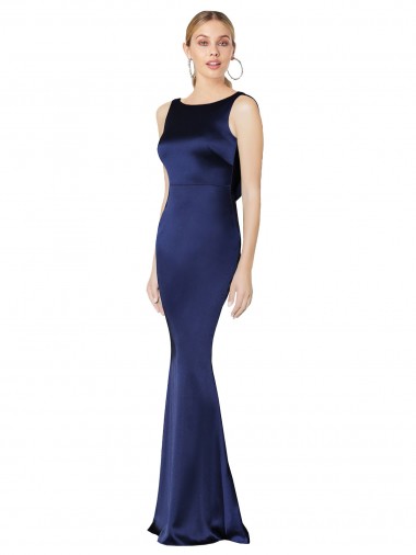 Bleu marine foncé Fourreau Licou Col Haut Satiné Stretch Longue Formelles Robes demoiselle d'honneur / Robes de soirée / Robes de bal Pas Cher