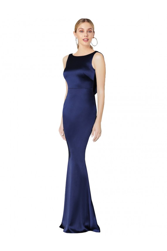 Bleu marine foncé Fourreau Licou Col Haut Satiné Stretch Longue Formelles Robes demoiselle d'honneur / Robes de soirée / Robes de bal Pas Cher