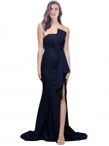 Bleu marine foncé Fourreau Sans bretelle Balayage train Crêpe Stretch Longue Robes demoiselle d'honneur / Robes de bal Pas Cher