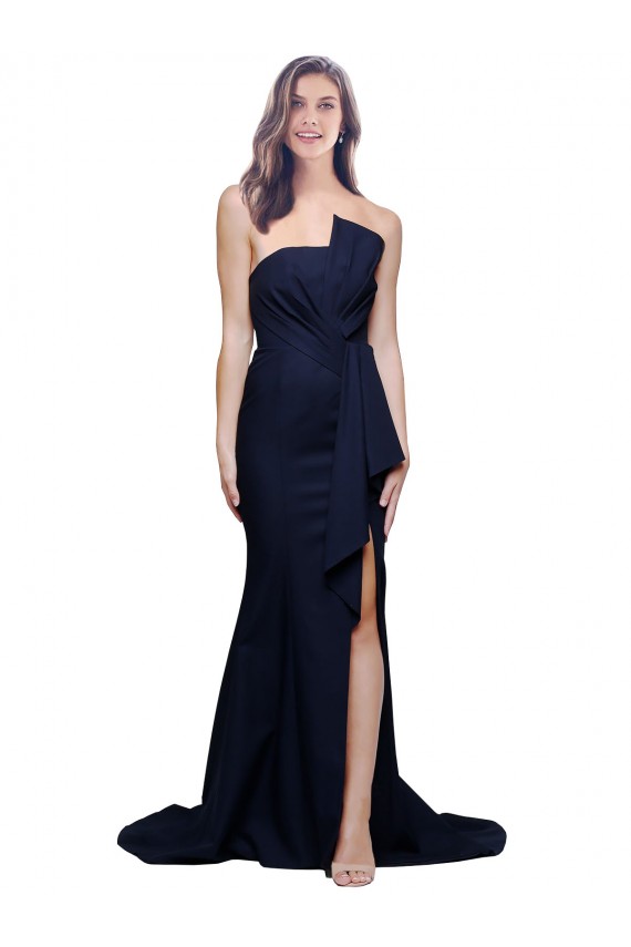 Bleu marine foncé Fourreau Sans bretelle Balayage train Crêpe Stretch Longue Robes demoiselle d'honneur / Robes de bal Pas Cher