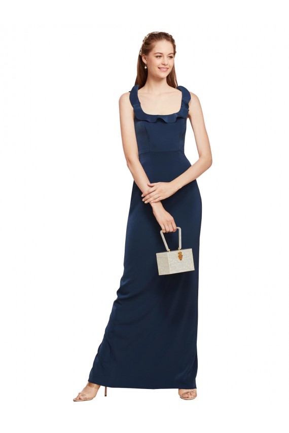 Bleu marine foncé Fourreau Scoop Crêpe Stretch Longue Formelles Robes demoiselle d'honneur / Robes de soirée / Robes de bal Pas Cher